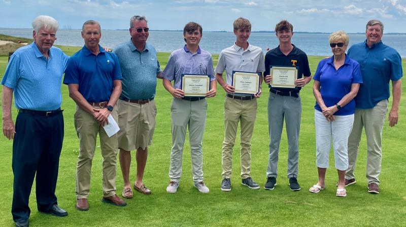 The Delaware Junior Golf Scholarship Fund recently announced the winners of fund recognition and support for 2024. Pictured at the award ceremony at Rehoboth Beach Country Club are (l-r) Ron Barrows, Jerry Medd, Brian Barrows, James Campbell, Evan Gebhart, Justin Pal, Carole Ann Medd and Rob Medd. Not shown is Sarah Lydic. SUBMITTED PHOTOS